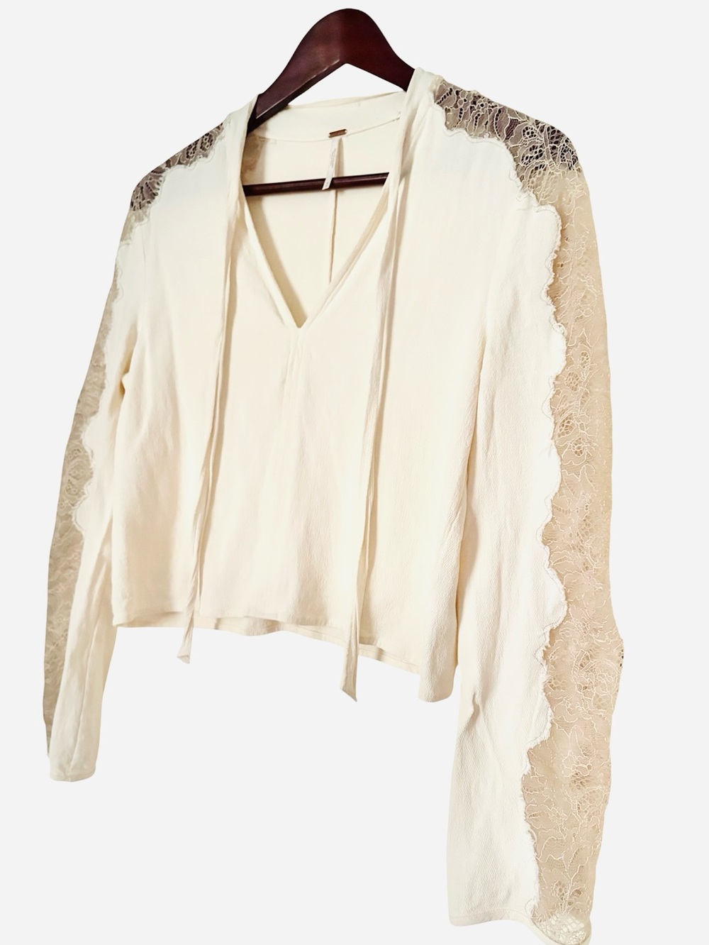 Free People women's Freya Tie Front Blouse lace long sleeve top size M cream - Picture 5 of 11